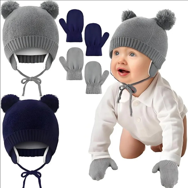 4sets New Unisex Winter Baby Toddler Hat Glove Set Warm Fleece Knitted Beanie Cap Newborn Beanie Mitten 1-4 Years