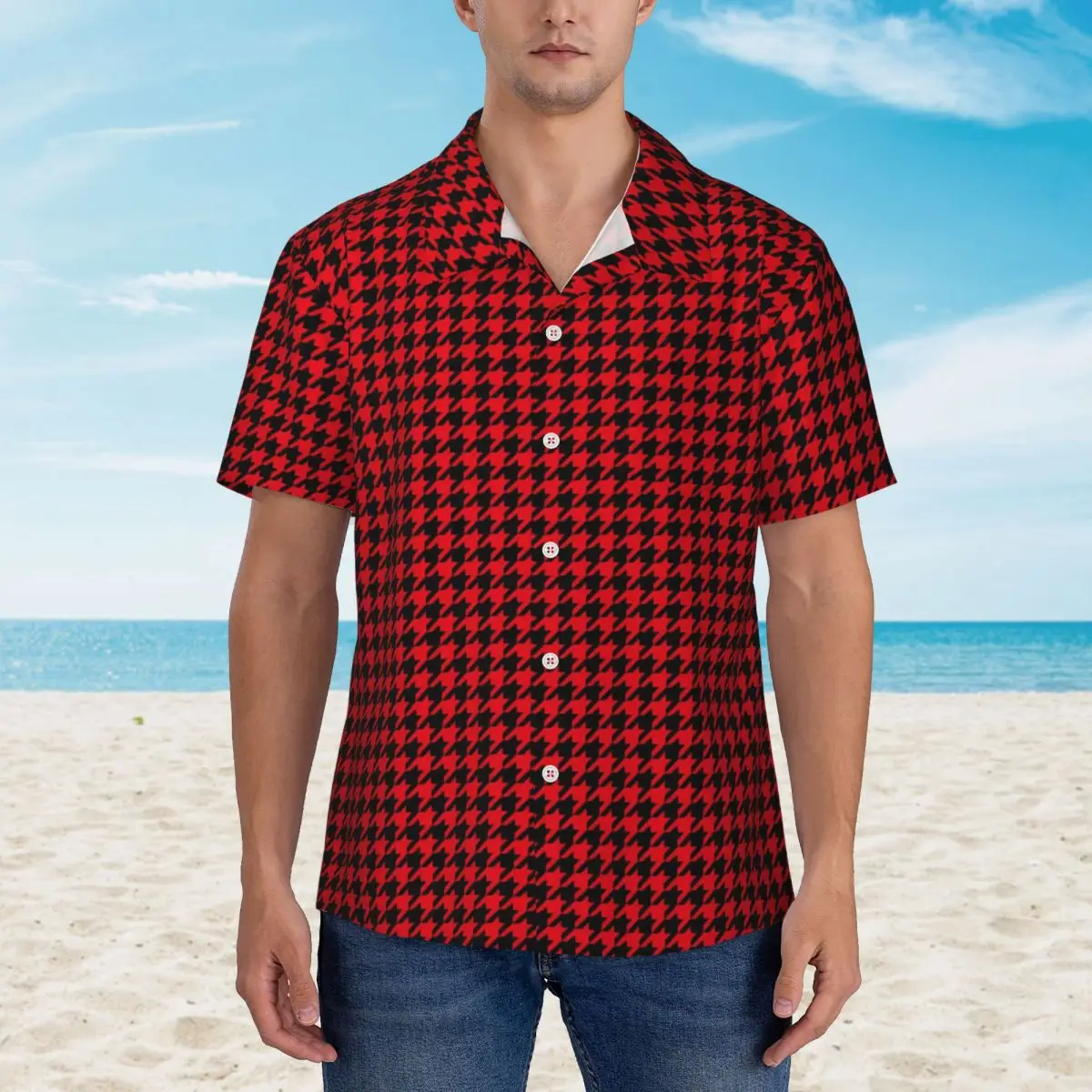 

Vintage Houndstooth Beach Shirt Men Black and Red Casual Shirts Hawaiian Short-Sleeve Design Loose Oversize Blouses Gift