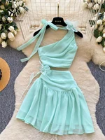 SINGREINY 3D Floral Chiffon Seaside Dresses Summer Fairycore Off Shoulder A-line Lace Up Holiday Sensual Hollow Out Mini Dresses