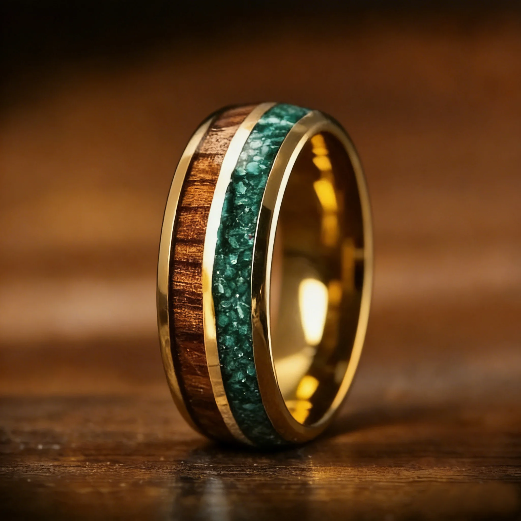 With Malachite and Koa Wood Inlay Fashion 8mm Golden Men Stainless Steel Rings for Men Wedding Band Jewelry Gift Drop Shipping 3