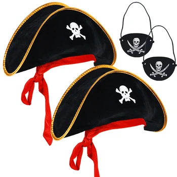 Sombrero de pirata y parche de ojo de calavera pirata, Cosplay de Halloween, gorra de capitán, diadema para adultos y niños, accesorios de decoración para fiesta de cumpleaños, 2 piezas por juego