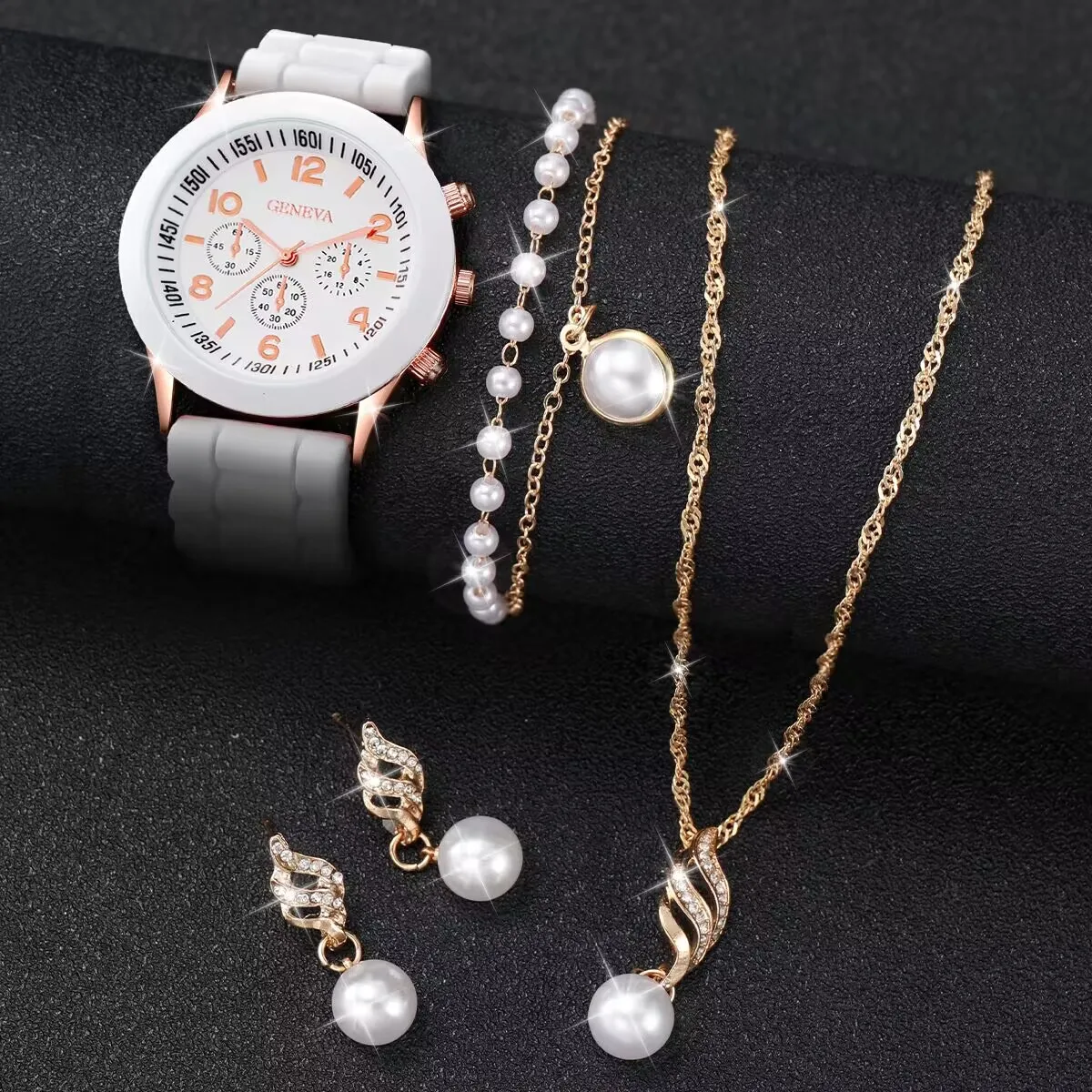 4PCS/Set Geneva Watch Pealrs Jewelry Set Fashion Silicone Band Women Quartz Wristwatch Female Casual Clock（Without Box） 3