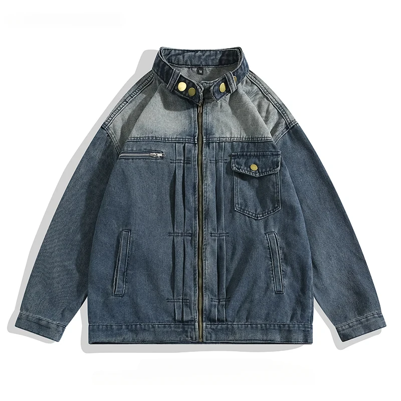 

Spring Autumn Contrast Color Stand Collar Denim Jacket Men's Youth Trendy Brand Multi-pocket Loose Casual Zipper Cardigan Coats