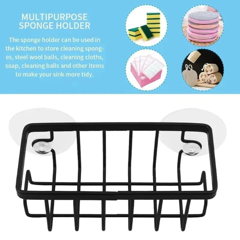 Home With Hook Draining Durable Soap Black Kitchen Sink Scrubber Countertop Sponge Holder Hollowed Suction Cup Caddy Organizer 5