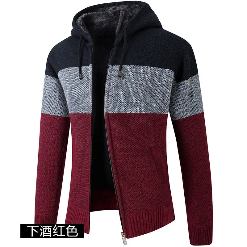 Men's Cardigan Zipper Hooded Stand Collar Patchwork Sweater Autumn Winter New Printing Long Sleeved Thick Knitted Casual Coats