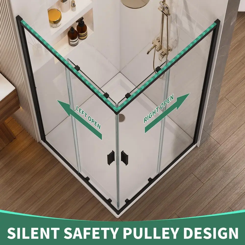Corner Shower Enclosure Clear Tempered Glass Stainless Steel Frame 36"x36"x76" Double Sliding Black Door Waterproof Design ANSI 6