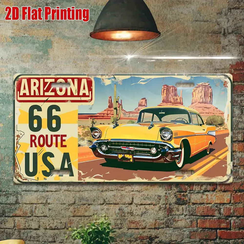 Description Picture 5 of item2D Flat, Route 66 Arizona USA Aluminum Sign with Classic Car Scene, Great for Home, Bar, Cafe, Garage Wall Art, Industrial Decor