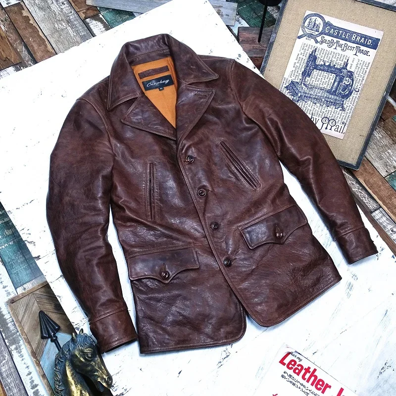 YR!Free shipping.Vintage brown batik horsehide jacket.Classic safari style genuine leather coat.retro quality Trench