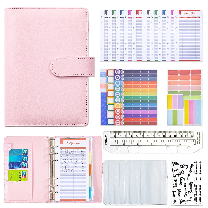 A6 Budget Binder Planner 12 Pieces Cash Envelopes Colorful PU Leather Notebook Binder 12 PCS A6 Pockets budget binder