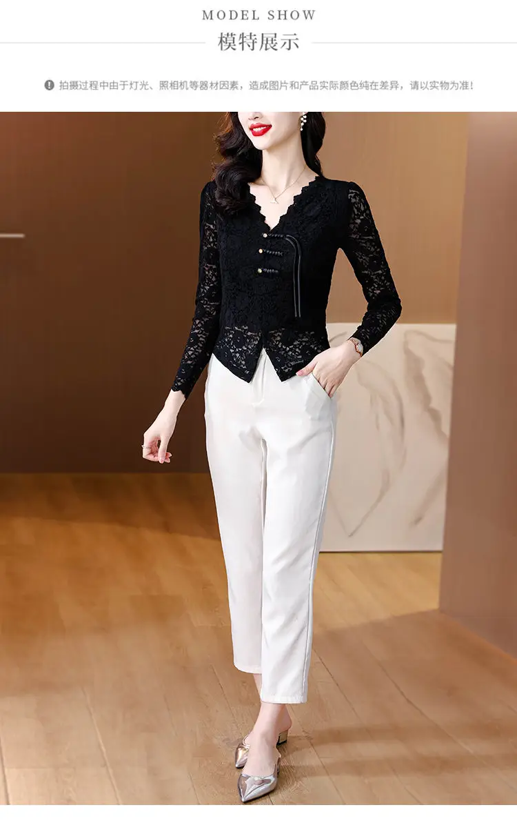 Neue Chinesische Stil Schnalle Chic Schlitz Spitze Hemd für Frauen 2025, Herbst Neue Temperament Hemd Modische Lange-ärmeln top – Detail 10