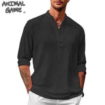 Animal Game Mens Cotton Shirts Luxury Long Casual Henley Shirts Linen Shirts Hawaiian T Shirts for Man Work Lightweight Tops