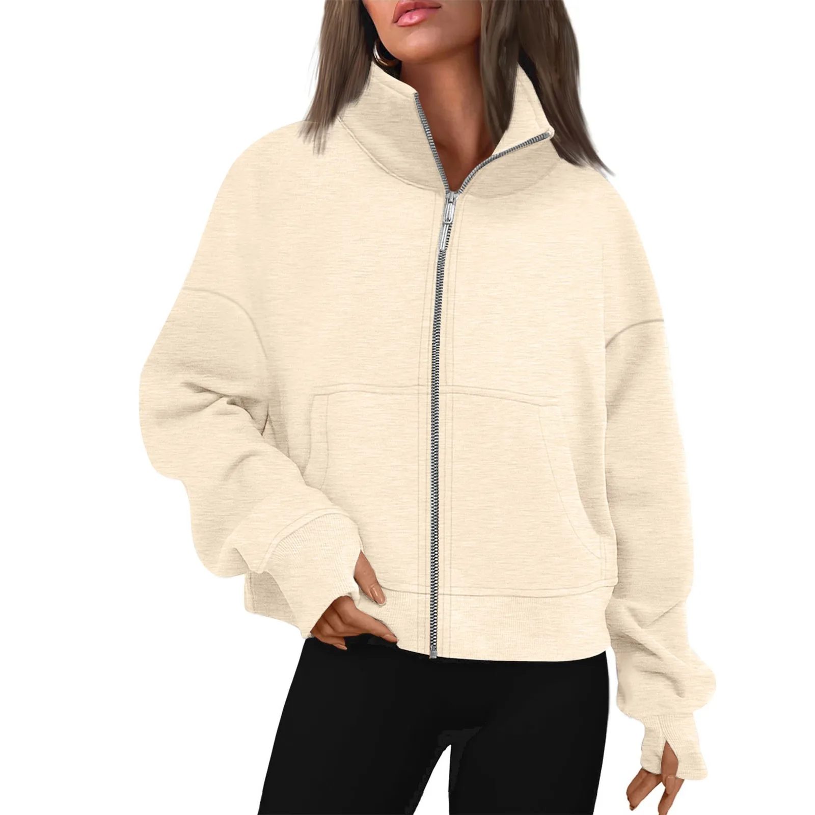 

Women'S Hoodies Long Sleeve Casual Full Zipper Sweatshirts Thumb Hole Pullover Sweatshirts Coat With Pocket New Fashion Simple