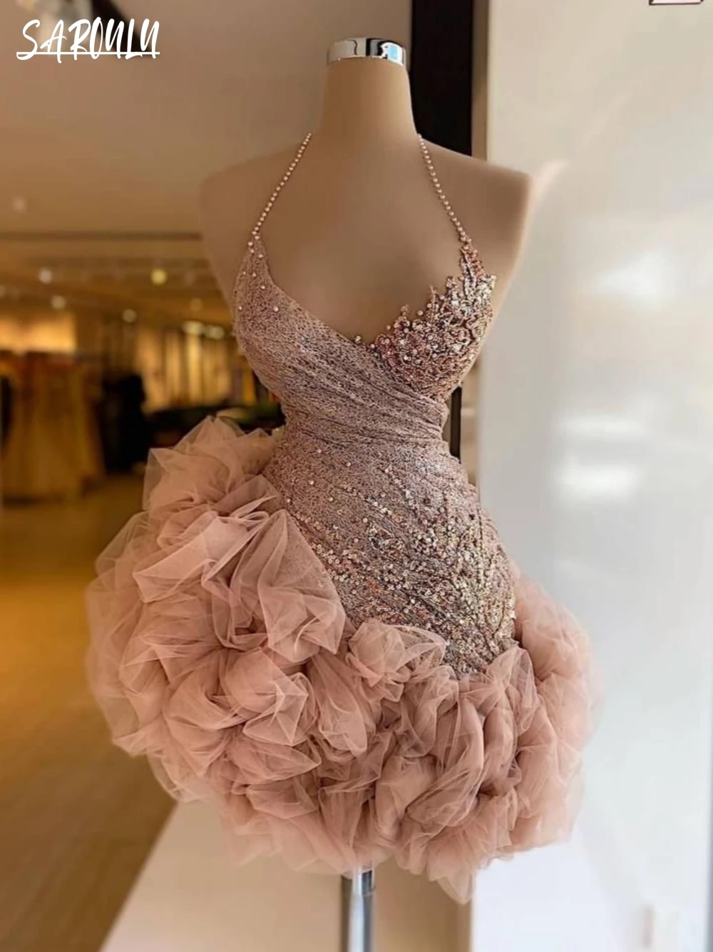 Princess Halter Evening Dress Pink Beading Sequins Bride Robe Elegant Mini Party Bridal Dresses Vestidos  De Novia