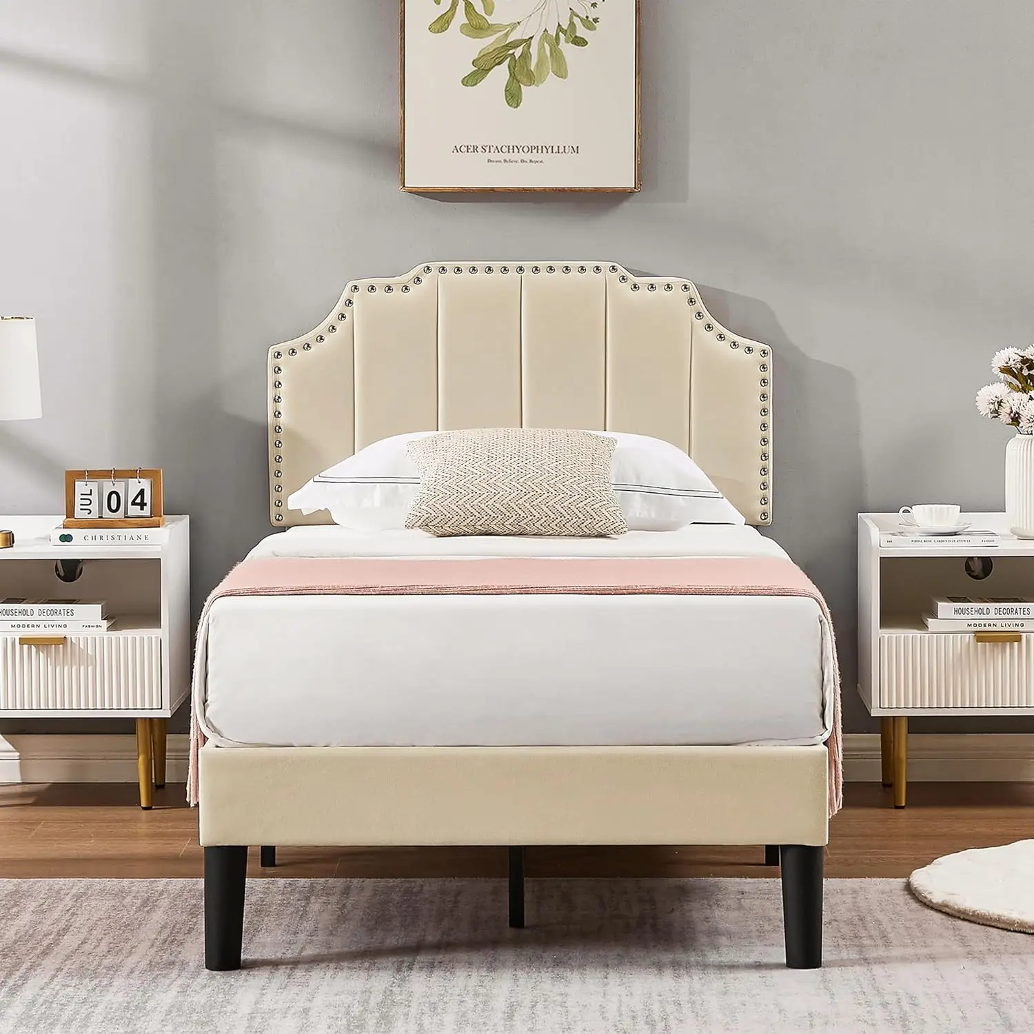 

Twin Bed Frame Upholstered Platform with Tufted Adjustable Headboard/Mattress Foundation with Wood Slat Support,Easy Assembly