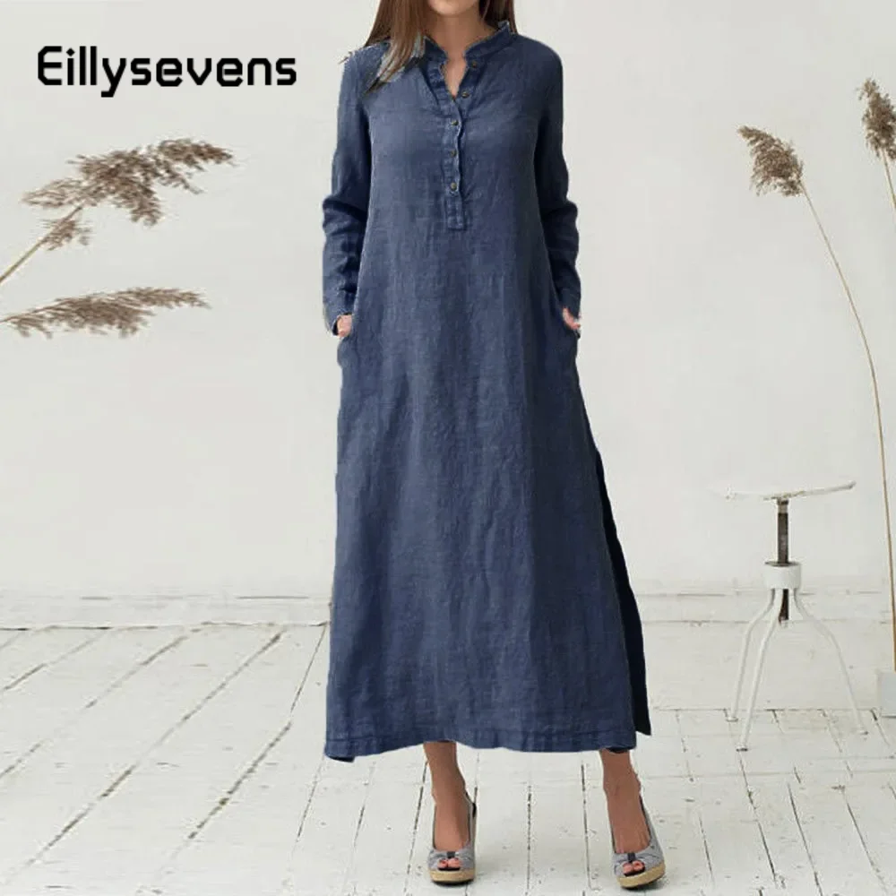 

Женское летнее платье из хлопка и льна, однотонное Повседневное платье макси с V-образным вырезом, элегантное и дышащее платье с длинным рукавом, украшенное пуговицами