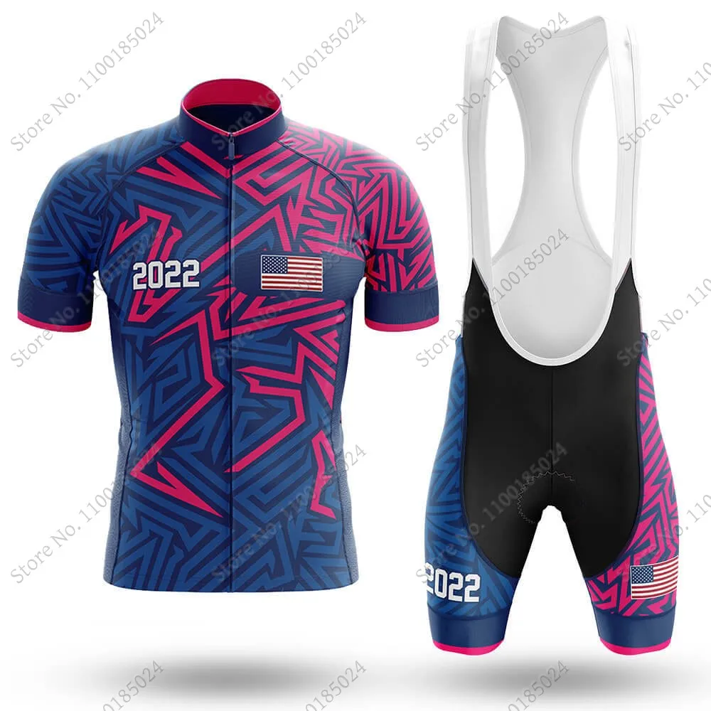 USA National Team Cycling Jersey 2022 Set Summer Mens Bicycle Clothing Bike Shirts Suit Bicycle Bib Shorts MTB Ropa Maillot