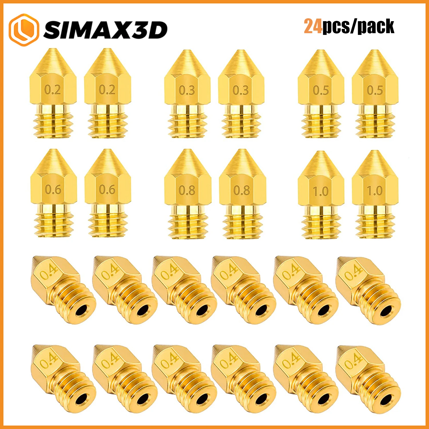 

SIMAX3D 24PCS MK8 Brass Extruder Nozzle Set 0.2mm, 0.3mm, 0.4mm, 0.5mm, 0.6mm, 0.8mm, 1.0mm Nozzles for Makerbot CR-10 Ender 3 5