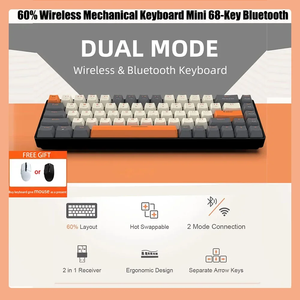 

Беспроводная механическая клавиатура K68, Bluetooth, 2,4G/BT5.0, мини-клавиатура для компьютера, ПК, Двухрежимная клавиатура с 68 клавишами