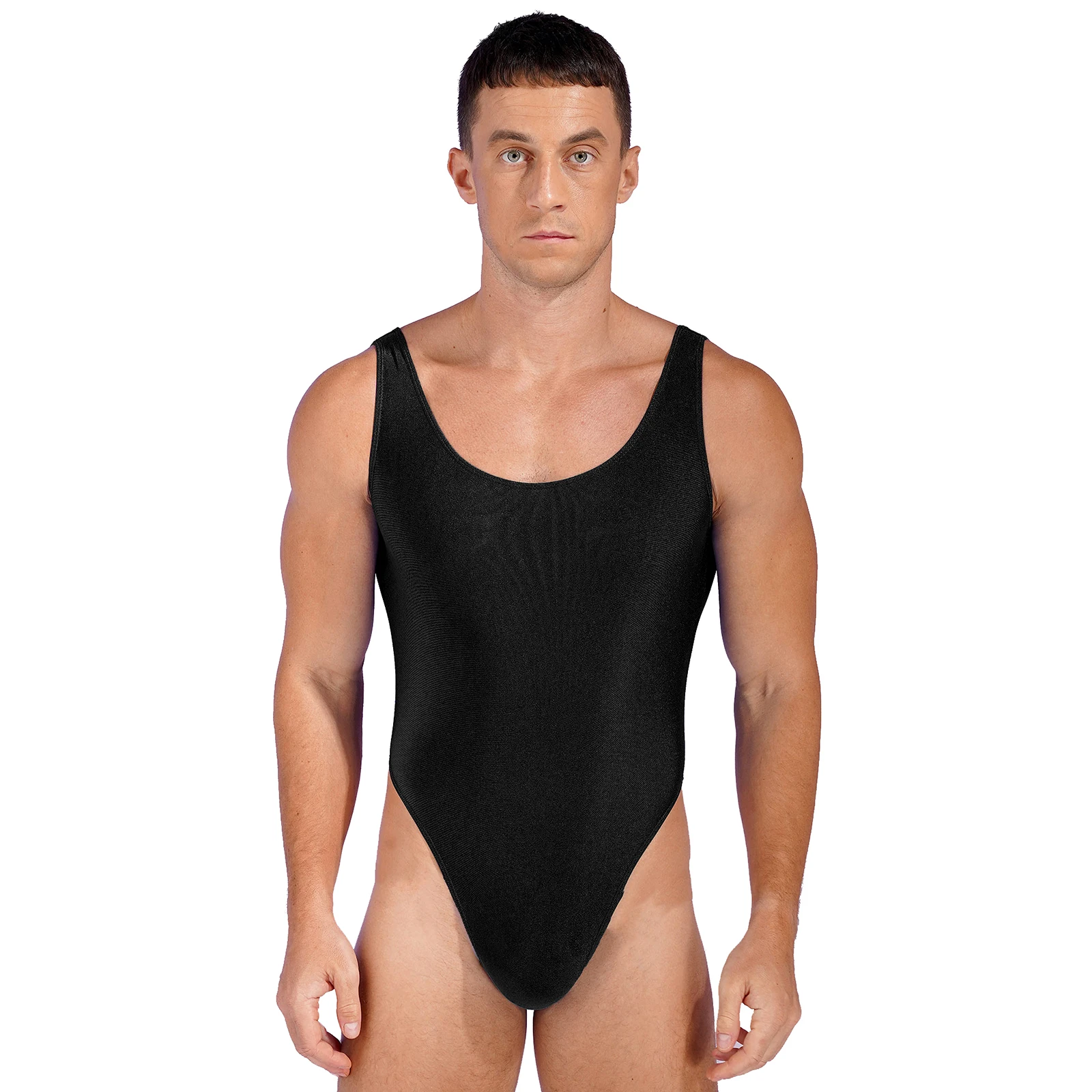 

Mens Sexy One-piece Swimsuits Sleeveless High Cut Leotard Fashion High Cut Bodysuit Low Back Stretch Solid Bathing Suits