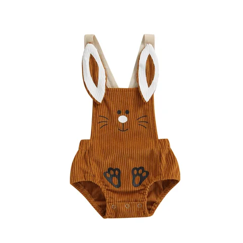 Infant Baby Romper, Sleeveless Cartoon Rabbit Button Closure Corduroy Bodysuit for Girls Boys