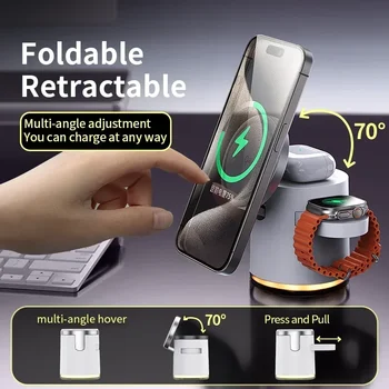 4 in 1 QI2 Wireless Charger Fast Charging Dock Stand Night Light For Magsafe iPhone 16 15 14 Pro Max Airpods Pro 2-8 Apple Watch 4