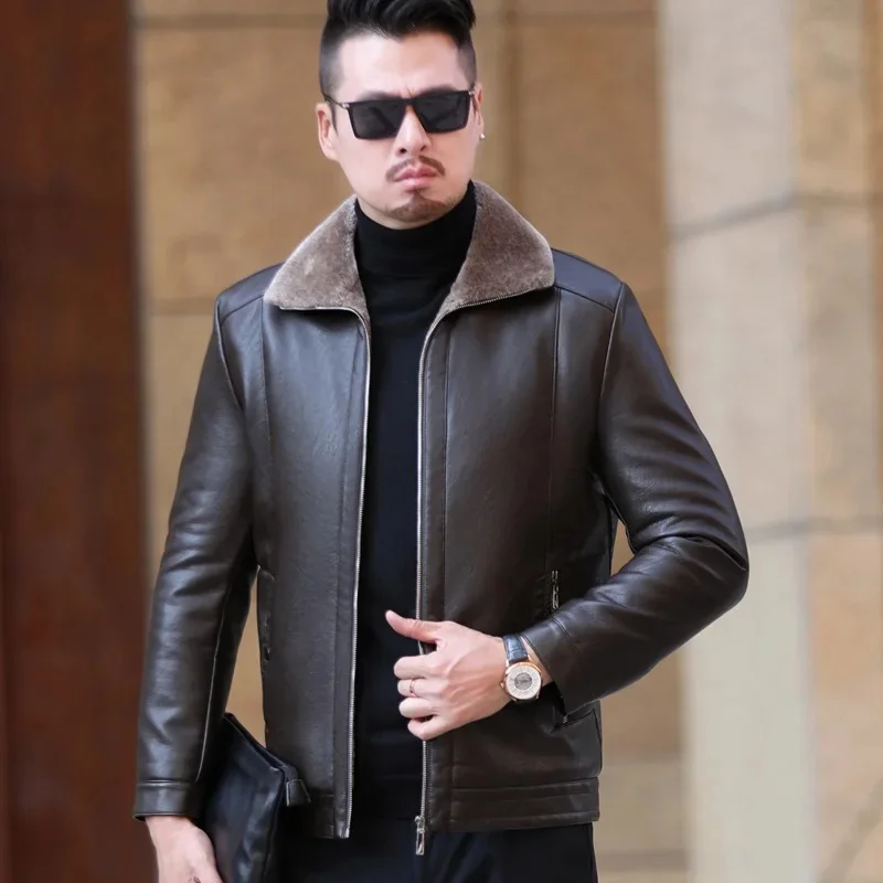 thumbnail image 1 of Chaqueta de cuero genuina YXL-225 para hombre, todo en uno, informal, engrosada, con forro polar y piel de oveja, talla de invierno, 1 of 5