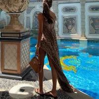Women's Summer 2025 Beach Vacation Dress Set Chiffon Print Halter Long Dress Loose Leopard Print Shorts Elegant Casual Outfit - Image 3