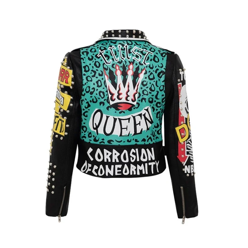 Graffiti Print Motorcycle Leather Jacket Women 2024 Trend Punk Style Streetwear Contrast Stitched Faux Leather Studded Jackets