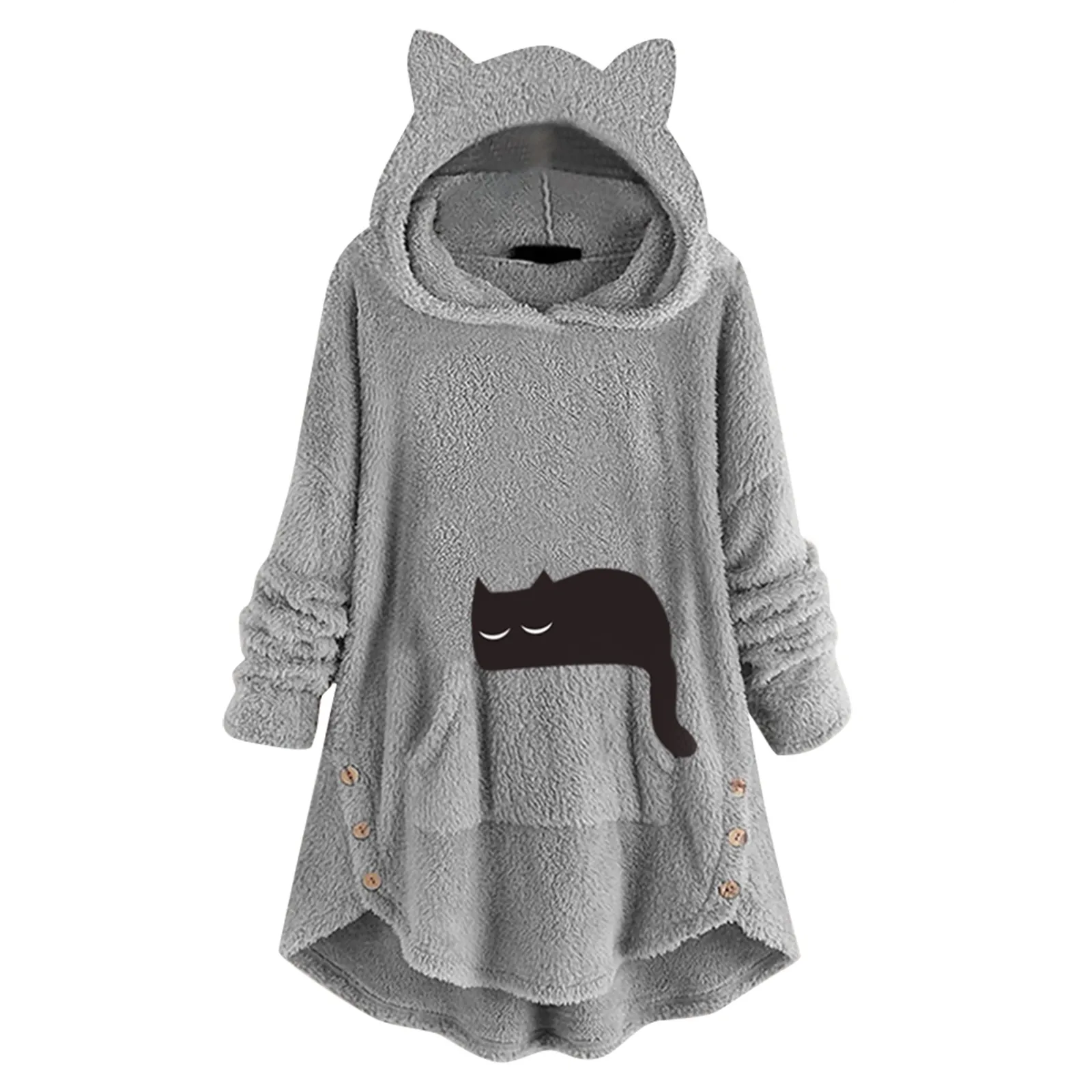thumbnail image 1 of Sudadera con capucha de gato de dibujos animados para mujer, Jersey holgado de manga larga de lana para invierno, Tops, ropa de calle, sudaderas con capucha informales, ropa de casa cálida y esponjosa, 1 of 4