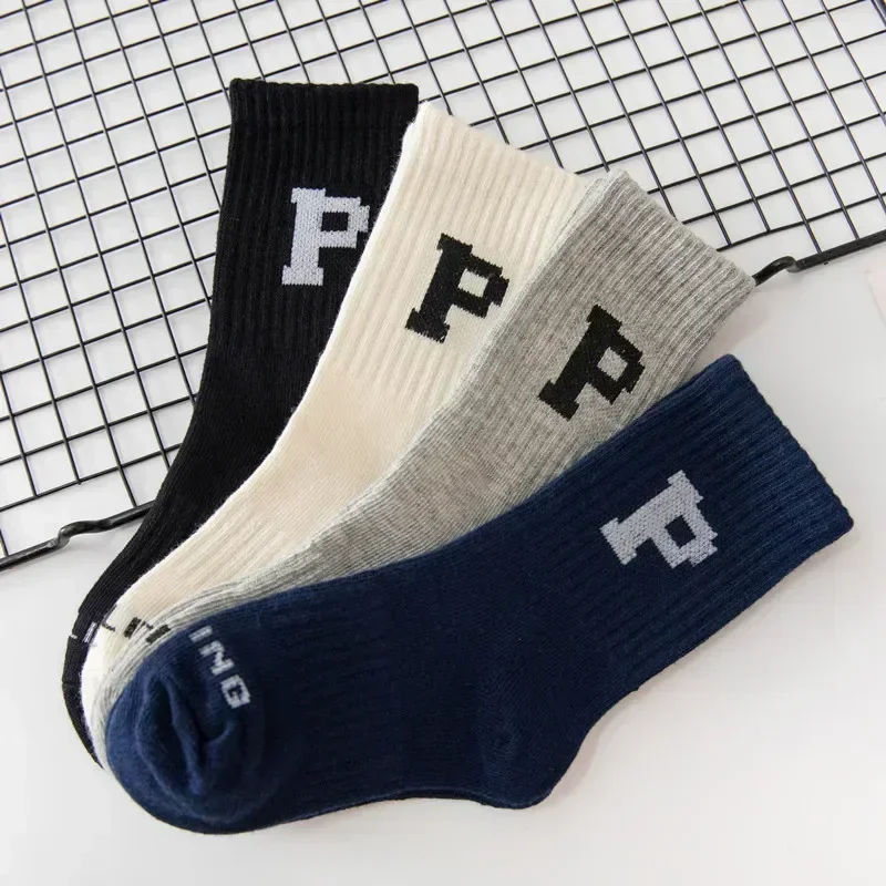 Spring Autumn Kids Boys Girls Sport Socks Fashion Simple Letter P Calf Socks for Children Soft Cotton Breathable Calf Stockings