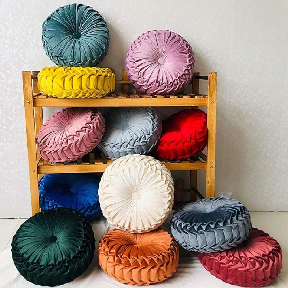 Velvet Pleated Round Throw Pillow - Boho Green Pumpkin Accent Cushion