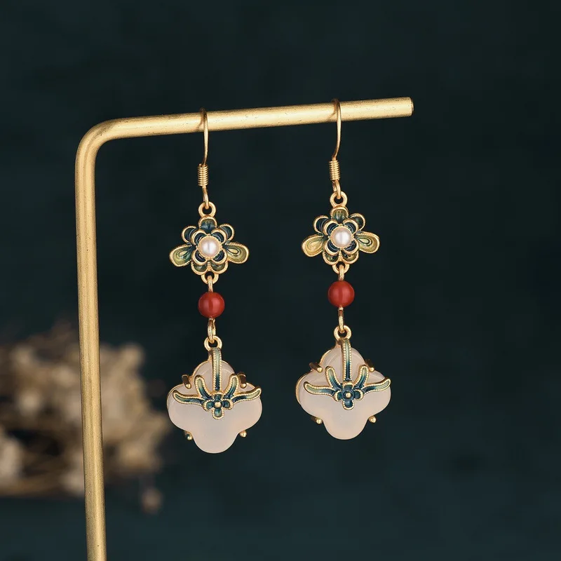 

Chinese Style Enamel Color Craft Earrings Hetian Jade Tassel Drop Earrings Palace Yanfeng Flower Cheongsam Hanfu Ear Jewelry