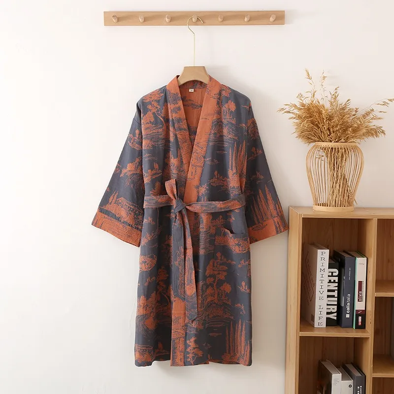 

Men's Pajamas Robes with Belt Cotton Printed Three Quarter Sleeve Bathrobe for Spring and Summer Kimono Long Style Bath Robe