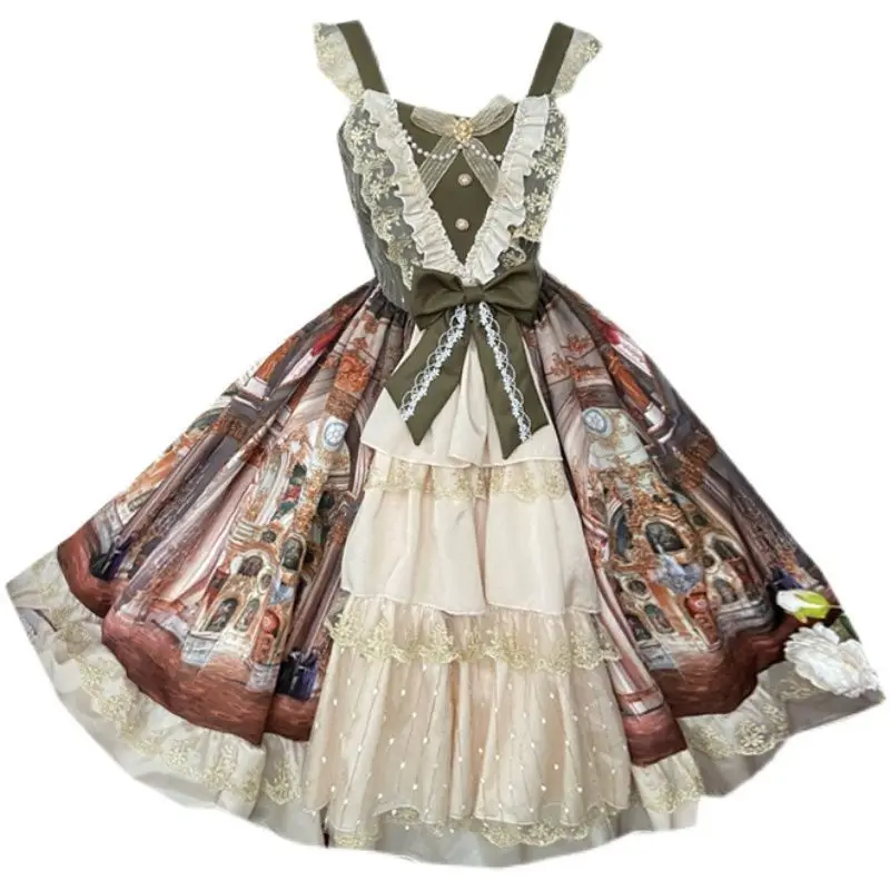 Elegant Lolita Jsk Suspender Dress Princess Palace Oil Painting Cla Ruffle Gorgeous Dress Court Style JSK Tea Paty Dress