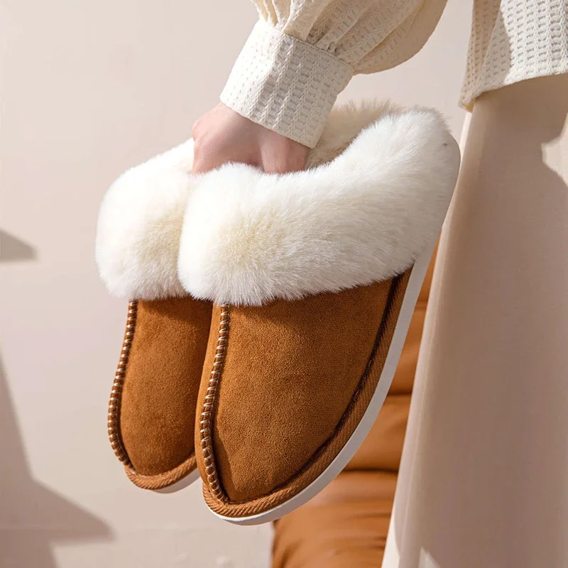 2024 Winter Warm Flat Fur Slippers Women Faux Suede Fluffy Furry Home Slides Woman Comfort Non Slip Indoor Floor Cotton Shoes - Image 2