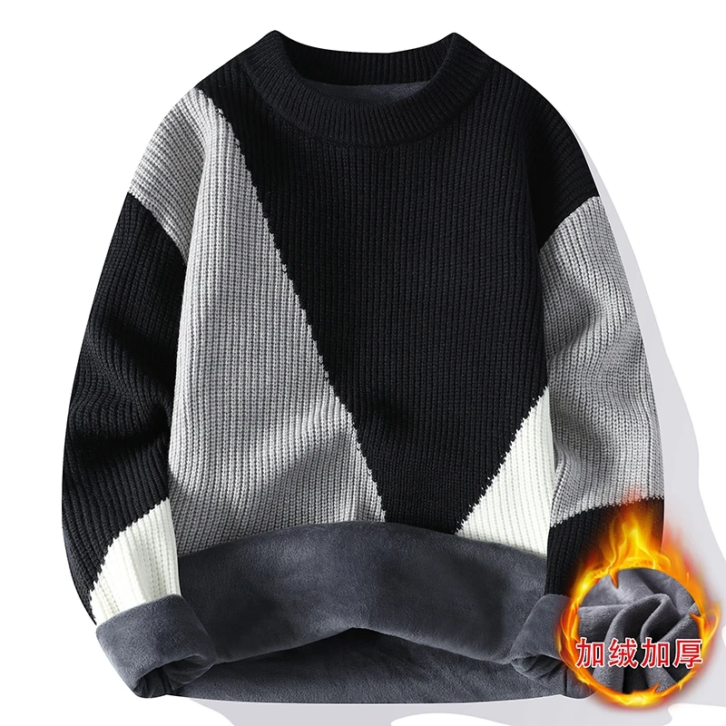 Fashion Men's 2023 Autumn Winter New Round Neck Sweater Patchwork Long Sleeved Color Blocked Thick Loose Pullover Knitted Tops