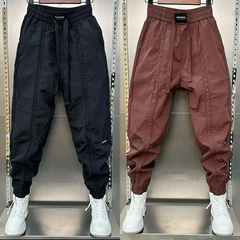 Spring Summer New Solid Color Fashion Elastic Waist Ankle Length Pants Man High Street Pockets Drawstring Patchwork Trousers