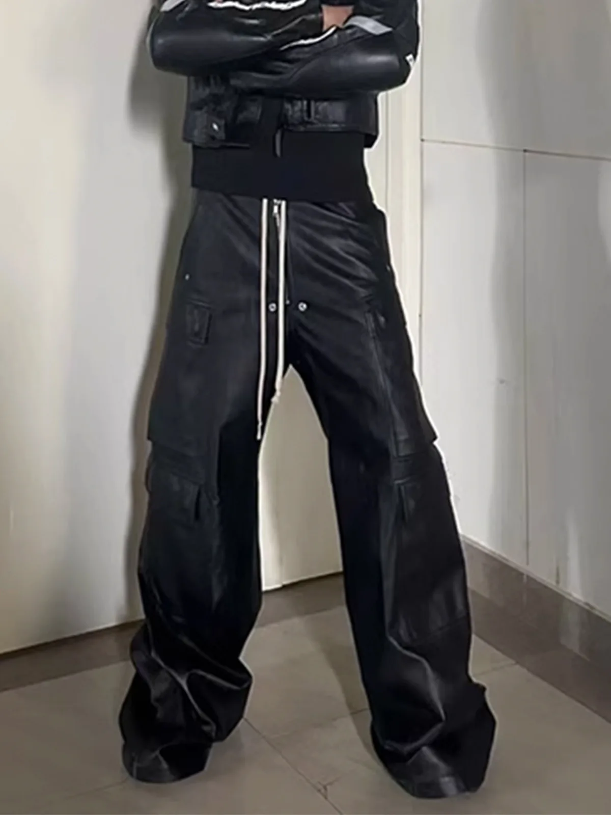 MIJKO Sliver Black Men's RO-Style Coated Cargo Pants Wide Leg