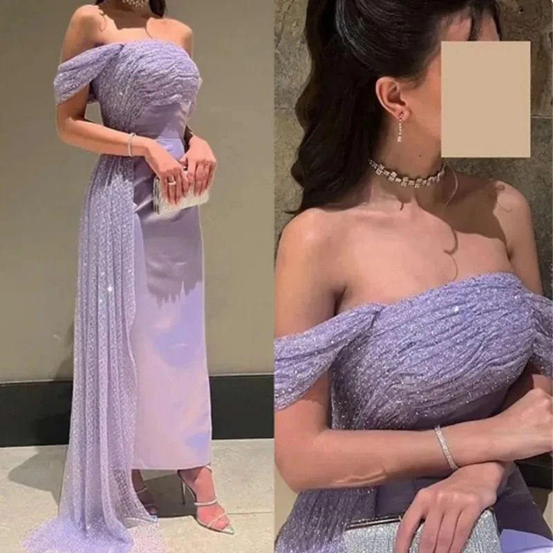 

Lilac Saudi Arabia Mermaid Prom Dress Off the Shoulder Sequined Formal Women Evening Party Gowns Special Occasion Dress vestidos