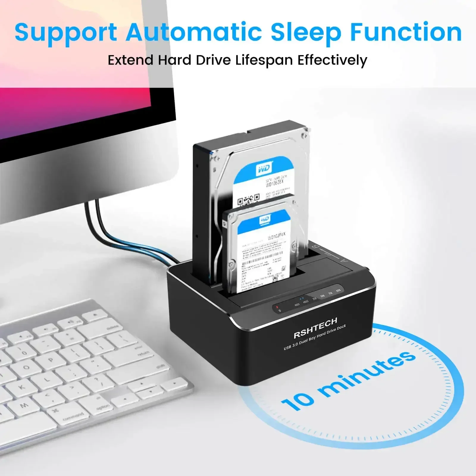 RSHTECH Hard Drive Docking Station Aluminum Dual Bay for 2.5/3.5 Inch SATA I/II/III HDD SSD Support 2x 16TB Hard Drives