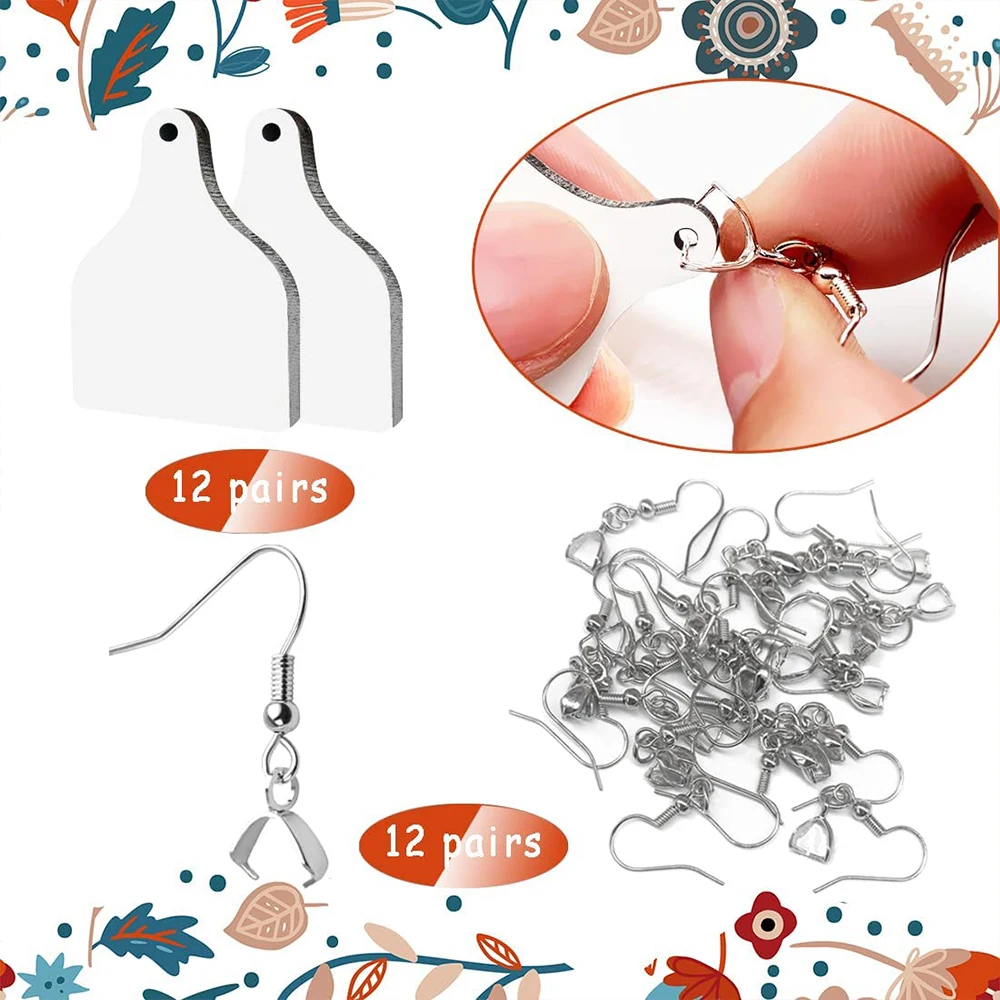 24Pcs Sublimation Blank Earrings Cow Tag Shape Sublimation Printing Earring Pendant with Earring and Jump Rings for DIY Jewelry