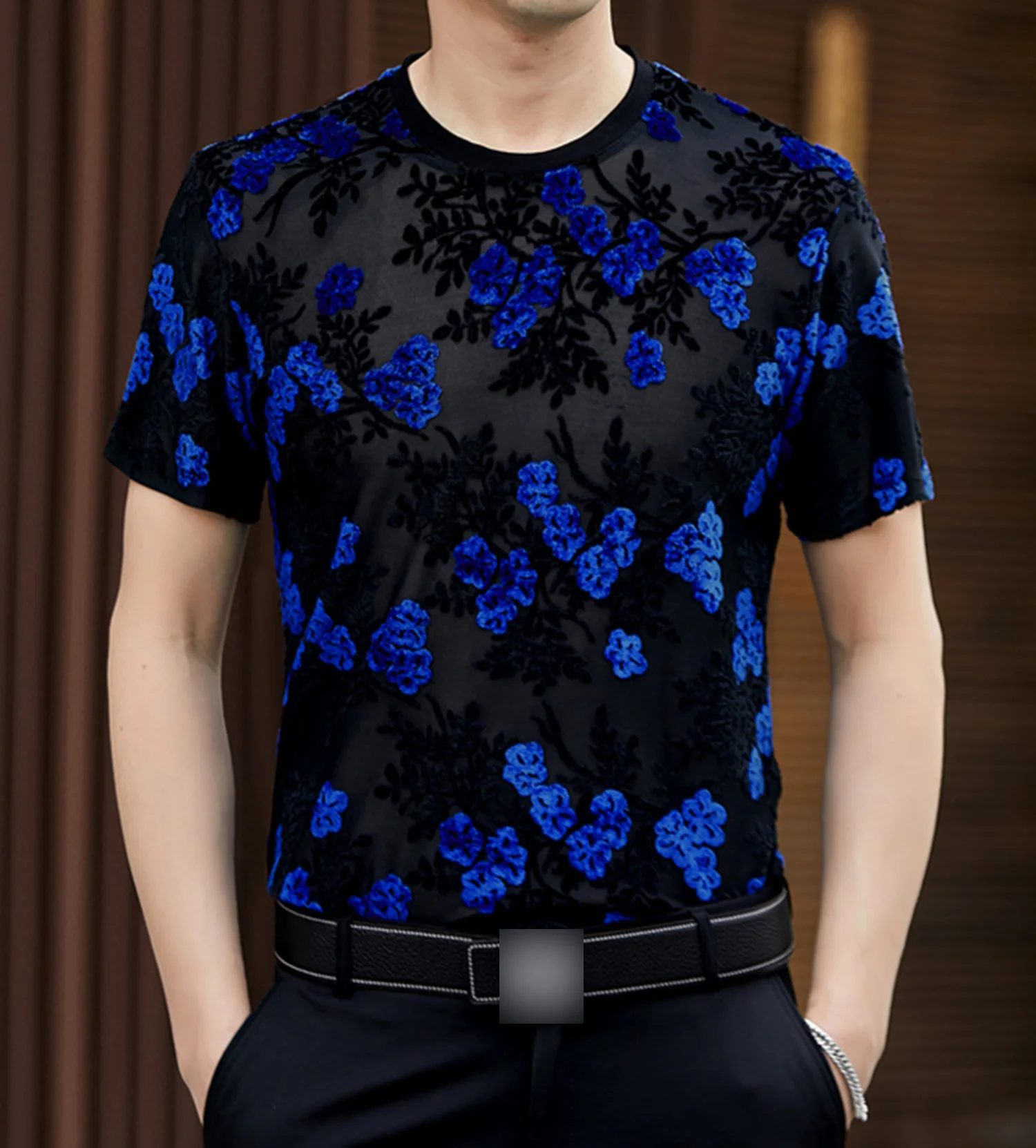 

Mens Summer Thin O Neck See Through Flower Lace Sexy Short Sleeve T-shirts Tops Clubwear Beach Cool
