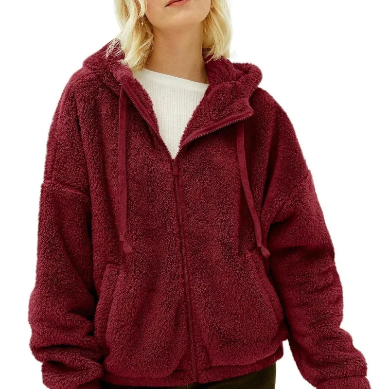 2023 Autumn and Winter Women's HoodedzipperFlocking Solid Color LoosePockets Fashion Casual Elegant Commuter Long SleeveJackets