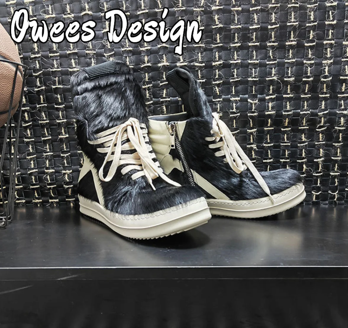 Owees Design Zipper Ankle Boots Men's Horsehair High-tops Sneakers Women Thick Soled Quality Leather Lace-up Fashion Shoes 3