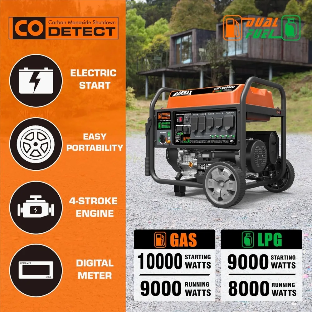Dual Fuel Portable Generator 12000 Watt Gas or Propane Powered Electric Start-Home Back Up EPA Compliant