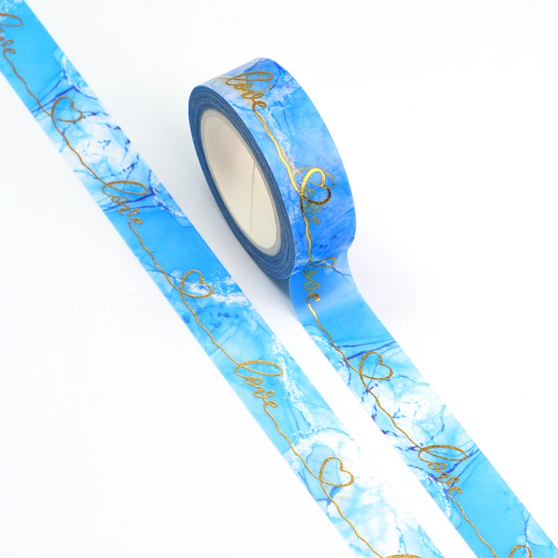 

1PC Decorative Gold Foil Hearts on Blue marble Washi Tape Valentine Paper Planner Scrapbooking Adhesive Masking Tape Stationery
