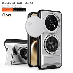 Enhanced Phone Case with Armor Ring Stand and Magnetic Bracket - Lens Protection Back Shell Cover for Huawei Nova 15 Max (Silver)
