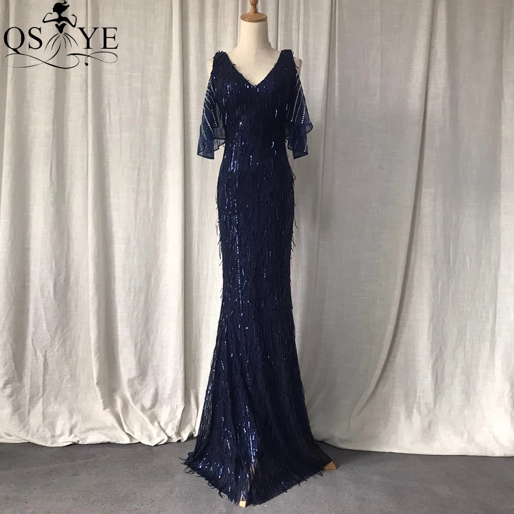 Navy Feather Evening Dress Sequin Mermaid Party Gown Flatter Side Sleeves Stretch Formal Dress V Neck Dark Blue Prom Gown 2022 hot pink prom dress Prom Dresses