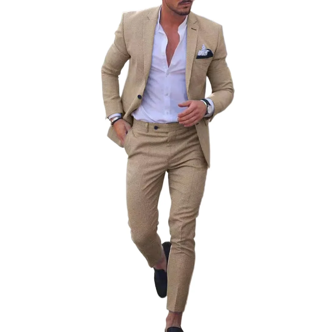 Mens 2-piece Pant Suits Spring Summer Single One Button Linen Solid Blazer Jacket Smart Casual Wedding Business Commuting Suit