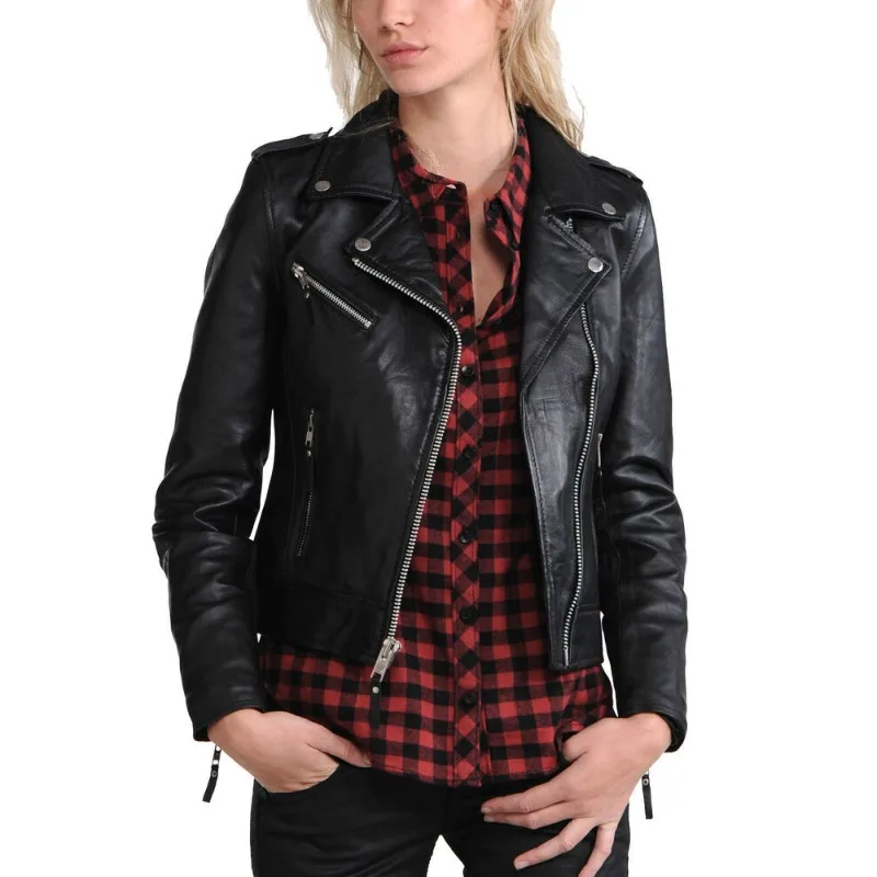 Women's Biker Style Genuine Soft Lambskin Leather Jacket Black Slim Fit Jacket